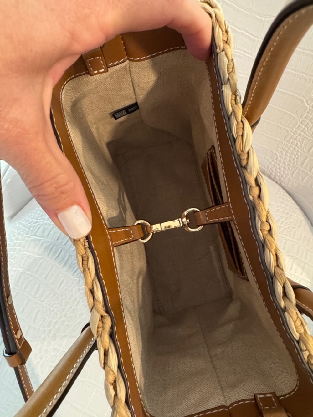 Michael Kors Straw Tote with Pink Watermelon Patch and Brown Leather Trim - Picture 12 of 12